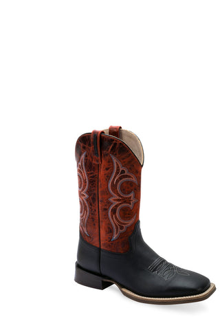 Old West Mens Broad Square Toe Black/Burnt Red Leather Cowboy Boots