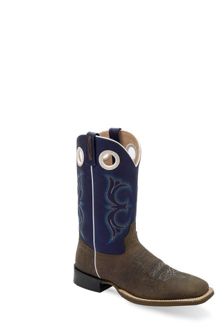 Old West Mens Broad Square Toe Brown/Midnight Blue Leather Cowboy Boots