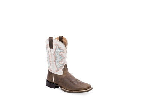 Old West Mens Broad Square Toe Brown/White Leather Cowboy Boots