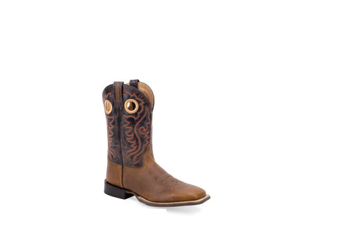 Old West Mens Broad Square Toe Brown/Black Leather Cowboy Boots