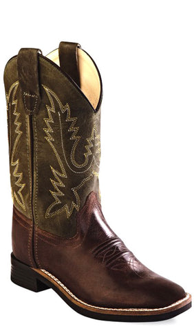 Old West Olive Green Youth Boys Leather Broad Square Toe Cowboy Boots 4.5 D