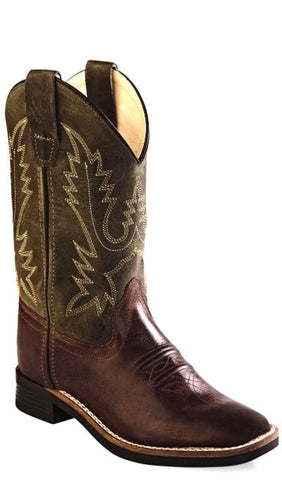 Old West Olive Green Youth Boys Leather Broad Square Toe Cowboy Boots 3.5 D