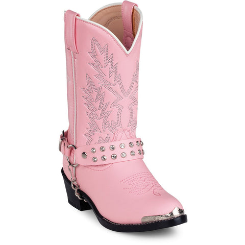 Durango Kids Girls Pink Faux Leather Harness Biker Chrome Cowboy Boots