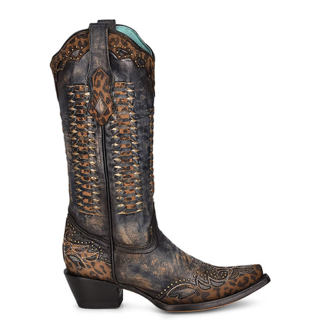 Corral Womens Leopard Weave Cowboy Boots Leather Dark Brown