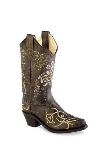 Old West Brown Kids Girls Leather 8in Floral Cowboy Boots 1D