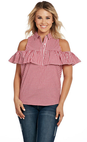 Cowgirl Up Womens Red/White 100% Cotton Gingham Flounce Tank Top S/L S