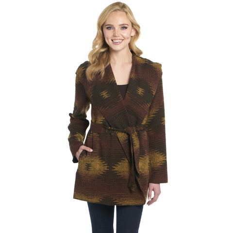 Cripple Creek Womens Navajo Tie Front Blanket Hood Golden Brown Polyester Jacket L