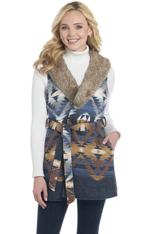 Cripple Creek Womens Navajo Tie Front Blanket Wrap Endless Sky Faux Fur Vest