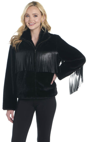 Cripple Creek Womens Tonal Leather Fringe Detail Black Faux Leather Jacket