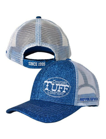Cowgirl Tuff Womens Shimmer White Embroidery Blue 100% Polyester Trucker Cap