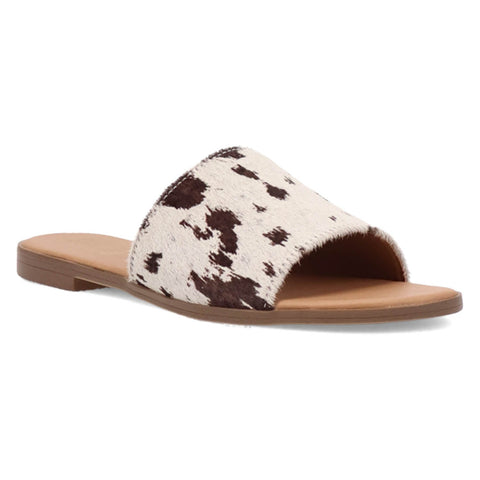 Dingo Womens Tabby Cow Print Hair-on-Hide Slide Sandals Shoes