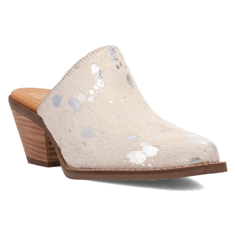 Dingo Womens Cash Cow Silver Hair-on-Hide 2.5in Heel Mules Shoes