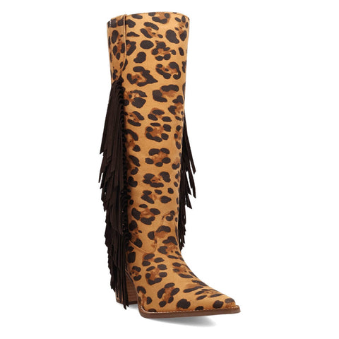 Dingo Womens Twister Leopard Suede 16in Fringe Cowboy Boots