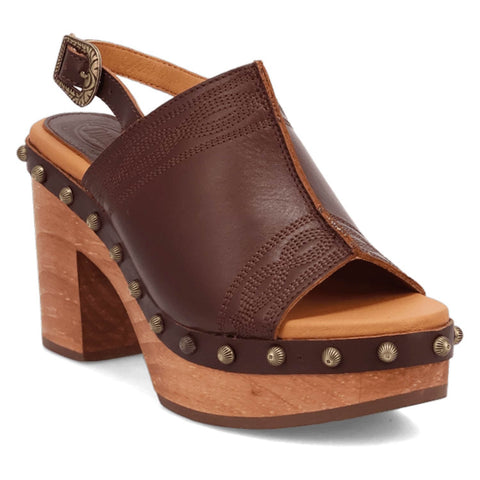 Dingo Womens Clover Wooden Brown Leather Stud Sandals Shoes