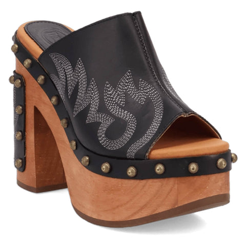 Dingo Womens Free Spirit Wooden Black Leather Stud Sandals Shoes