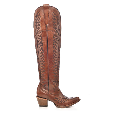 Corral Womens Tall Top Embroidery J Toe Cognac Cowhide 21in Cowboy Boots