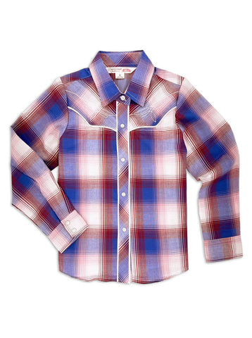 Ely and Walker Kids Girls Bootstitch Plaid Burgundy Poly/Cotton L/S Shirt