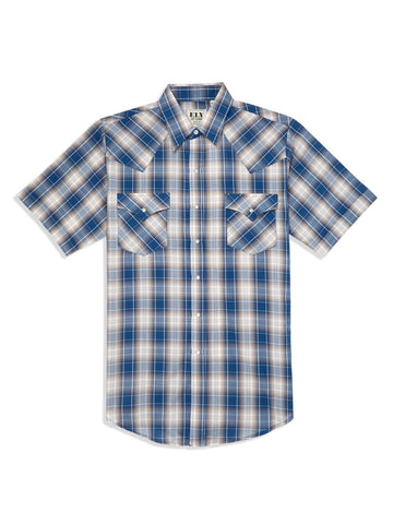 Ely and Walker Mens Plaid Snap Blue Poly/Cotton S/S Shirt L