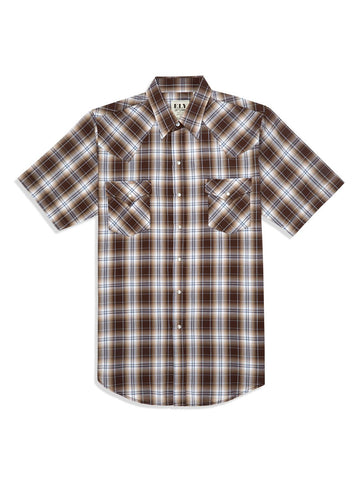 Ely and Walker Mens Plaid Snap Brown Poly/Cotton S/S Shirt L