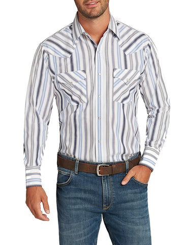 Ely and Walker Mens Striped Snap White Poly/Cotton L/S Shirt
