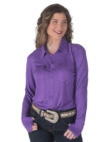 Cowgirl Tuff Womens Pullover Button-Up Purple Polyester L/S Shirt