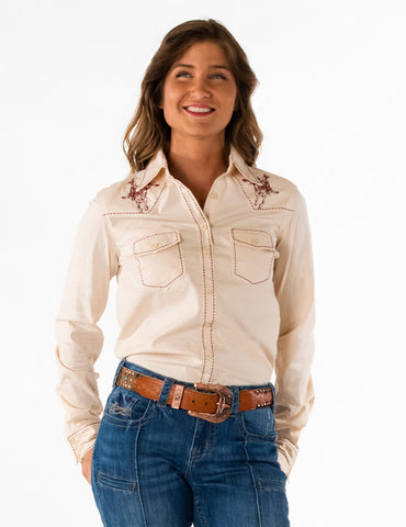 Cowgirl Tuff Womens Pullover Button-Up Cream Poly/Rayon L/S Shirt