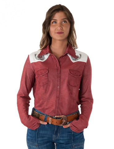 Cowgirl Tuff Womens Horseshoe Pullover Red/White Poly/Rayon L/S Shirt