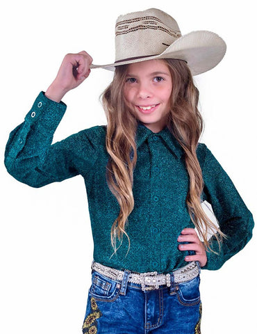Cowgirl Tuff Kids Girls Western Pullover Turquoise Nylon L/S Shirt