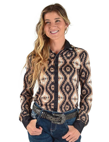 Cowgirl Tuff Womens Earth Tone Pullover Aztec Polyester L/S Shirt