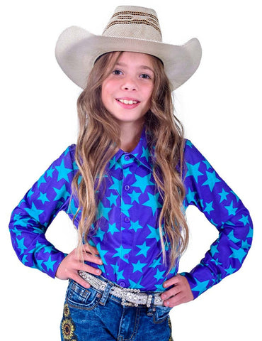 Cowgirl Tuff Kids Girls Stars Pullover Purple/Turquoise Polyester L/S Shirt