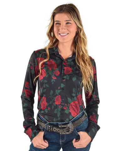 Cowgirl Tuff Womens Rose Pullover Red/Black Polyester L/S Shirt