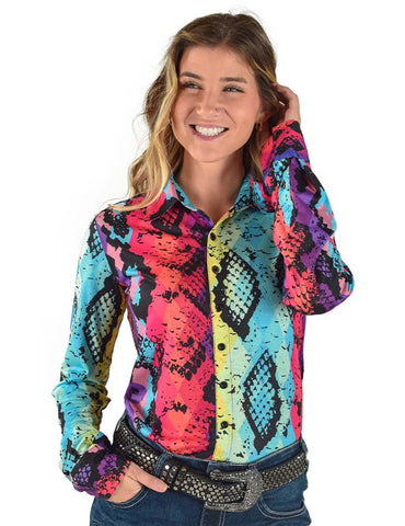 Cowgirl Tuff Womens Snakeskin Pullover Multi-Color Polyester L/S Shirt