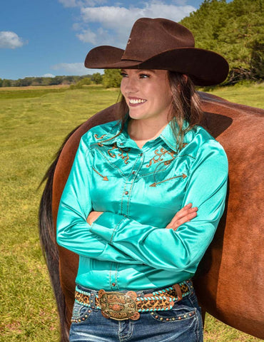 Cowgirl Tuff Womens Stretch Satin Pullover Turquoise/Copper Polyester L/S Shirt XS