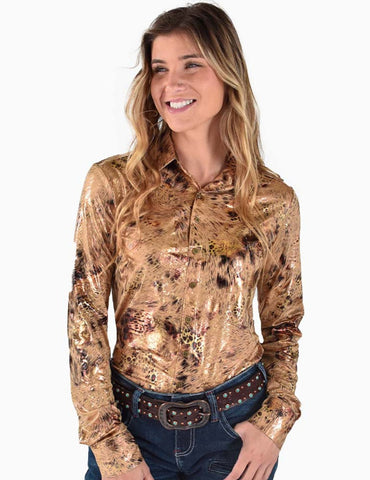 Cowgirl Tuff Womens Mid-Weight Leopard Tan Polyester L/S Shirt