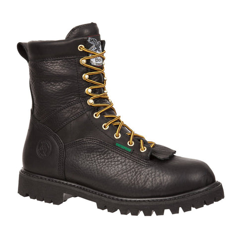 Georgia Mens Black Leather Waterproof Low Heel Logger Boots