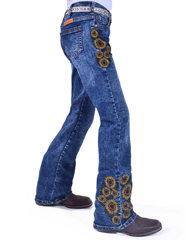 Cowgirl Tuff Kids Girls Sunflower Medium Wash Cotton Blend Jeans