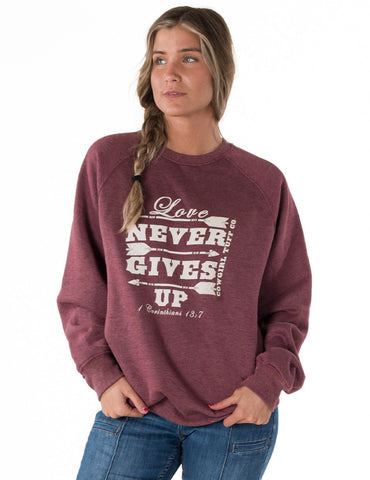 Cowgirl Tuff Womens Love Never Gives Up Wine Poly/Rayon Sweatshirt