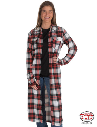 Cowgirl Tuff Womens Mosaic Back Plaid Red/Cream Polyester Duster Coat