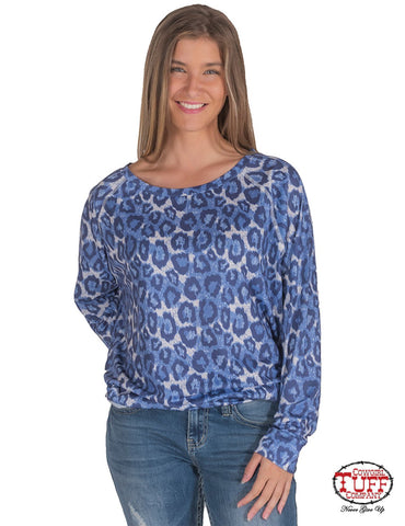 Cowgirl Tuff Womens Leopard Boat Neck Blue 100% Cotton L/S T-Shirt