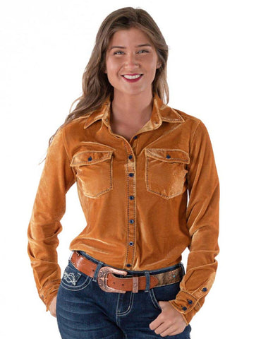 Cowgirl Tuff Womens Button-Up Pullover Gold Polyester L/S Shirt