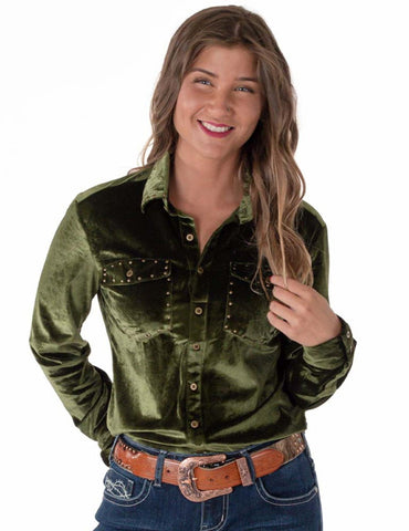Cowgirl Tuff Womens Pullover Velvet Button-Up Green Polyester L/S Shirt