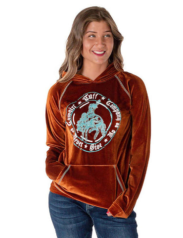Cowgirl Tuff Womens Embroidered Velvet Rust Polyester Hoodie