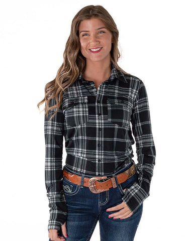 Cowgirl Tuff Womens Plaid Button-Up Black Polyester L/S Shirt
