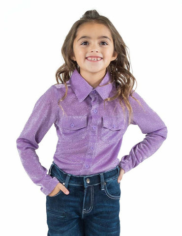 Cowgirl Tuff Kids Girls Shimmery Button-Up Lilac Nylon L/S Shirt