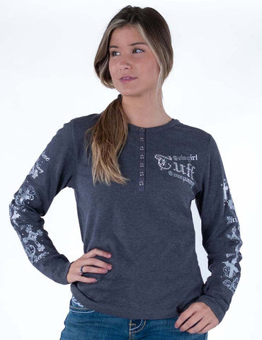 Cowgirl Tuff Womens Foil Graphic Gray Cotton Blend L/S Henley