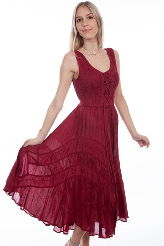 Scully Honey Creek Womens Burgundy Rayon Lace Up Peasant Tiered Dress M
