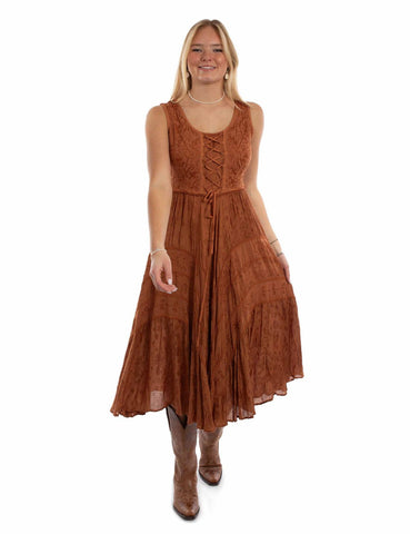 Scully Womens Full Length Lace-Up Rust 100% Rayon S/L Dress M