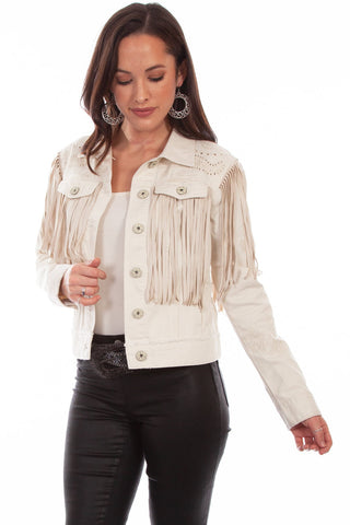 Scully Womens Off White Cotton Blend Fringe Jean Jacket S