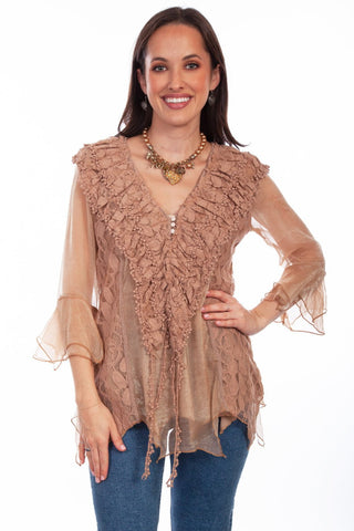 Scully Womens Natural Cotton Blend Double Ruffle S/S Blouse M