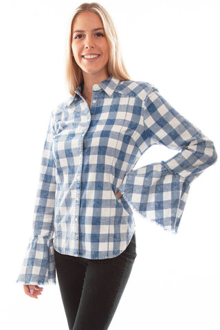 Scully Womens Checker Bell Sleeve Blue 100% Cotton L/S Blouse